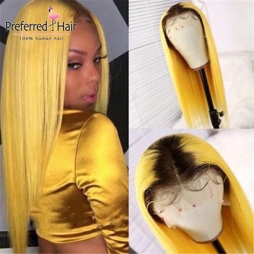 Preferred Ombre Yellow Full Lace Human Hair Wigs Platinum Straight Lace Front Wig Brazilian Remy Transparent Lace Wigs for Women
