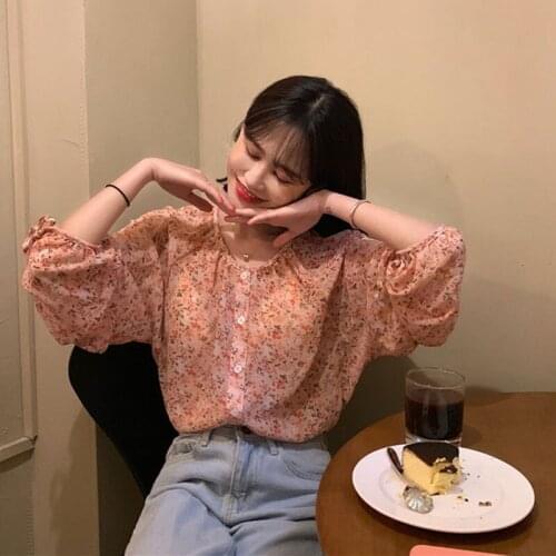 Women Summer Chiffon Shirt Long Sleeve Floral Print Ladies Sweet Korean Style Shirt Tops