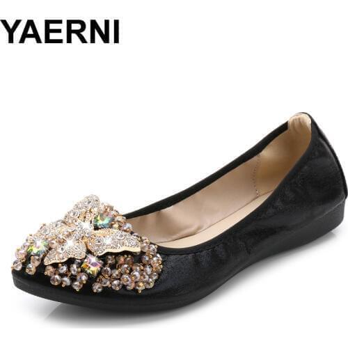 YAERNI Women Crystal Ballet Flats Size 34-43 2017 Spring Solid Gold Bling Cloth Pointed Toe Slip-On Flat Shoes Woman