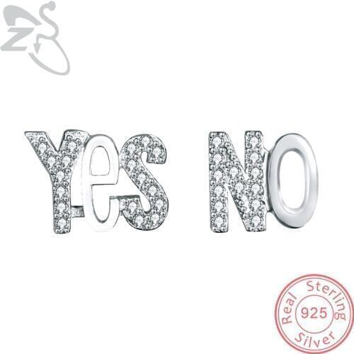 ZS YES NO Letter shape 925 Sterling Silver Stud Earrings For Women White Crystal Zircon Stud Earrings For Girls Cute Gift