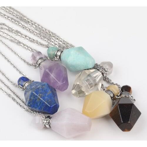 Natural Pink Chalcedony Stone Perfume Bottle Pendant Necklace For Women White Crystal Silvery Chains Necklace Charms DSS-263JBBE