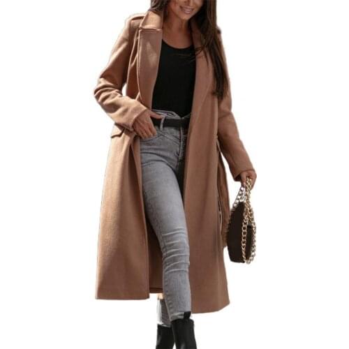 Dropshipping!!Women Oversize Coat Solid Color Belt Autumn Winter Turndown Collar Split Hem Long Coat for Dating