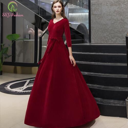 SSYFashion New Simple Velour Evening Dress Banquet Elegant V-neck 3/4 Sleeve Floor-length Long Party Formal Gown Robe De Soiree