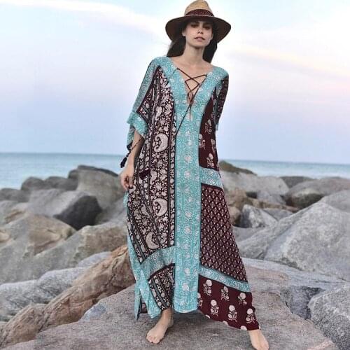 Cotton Floral Print Smock Frock Swim Bikini Cover Up Women Vintage Beach Boho Oversize Summer Long Dress 2021 Maxi Robe