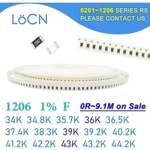 1206 1% F 5000PCS SMD 34K 34.8K 35.7K 36K 36.5K 37.4K 38.3K 39K 39.2K 40.2K 41.2K 42.2K 43K 43.2K 44.2K 3216 Resistor OHM