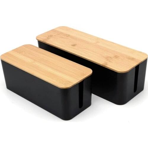 2 Pack Cable Management Box Large & Medium Bamboo Cable Cord Organizer Box for Extension Cord Power Stripe Surge