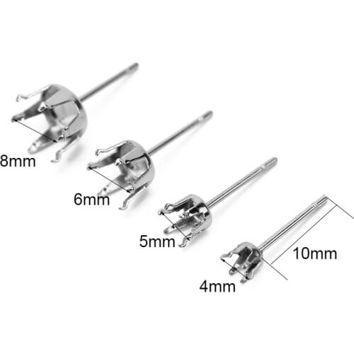 20pcs Hypoallergenic Stainless Steel 4 6 8mm Stud Earring Base Cubic Zirconia Stones Claw Settings Cameo Tray Diy Jewelry Making
