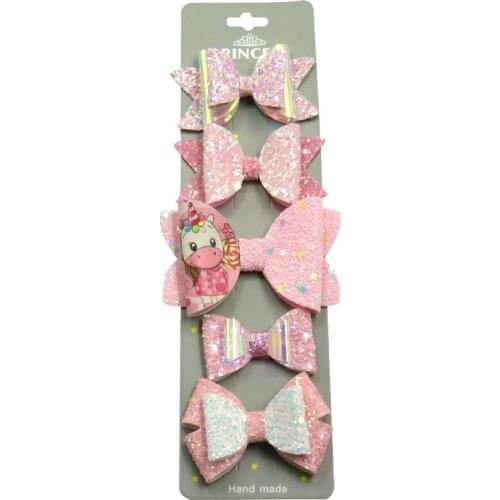 5PCS/SET Pretty Pink Unicorn Baby Girls Clip Leather Bows Child Tie Knot Creativity Handmade Hairpins Hair Accessories For Kids