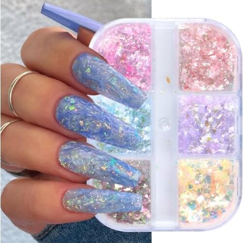 6 Grids Opal Flakes Iridescent Nail Sequins Holographic Sparkly Paillette Pigment Glitter Nail Design Manicure Desorations TROB