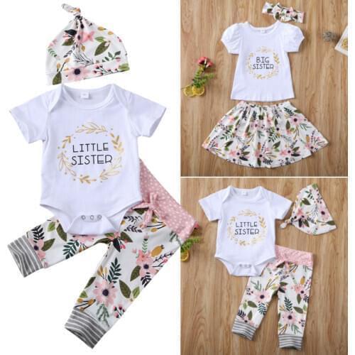 Big/Little Sister Family Matching Outfits Baby Girl Short Sleeve Tops T-shirt Romper Floral Long Pants Headband Hat Outfits 3Pcs