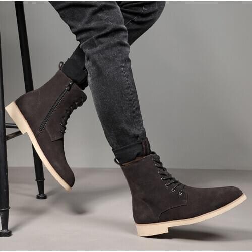 Yomior Autumn Winter Casual Men Shoes Vintage British Real Cow Leather Ankle Boots Lace-Up Snow Plush Warm Zipper Chelsea Boots