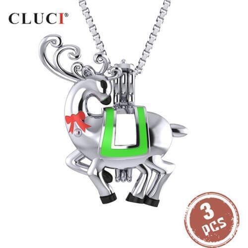 CLUCI 3pcs Silver 925 Sterling Cage Pendant for Pearl Jewelry Making Animal Pendant Women Christmas Reindeer Pendants SC337SB