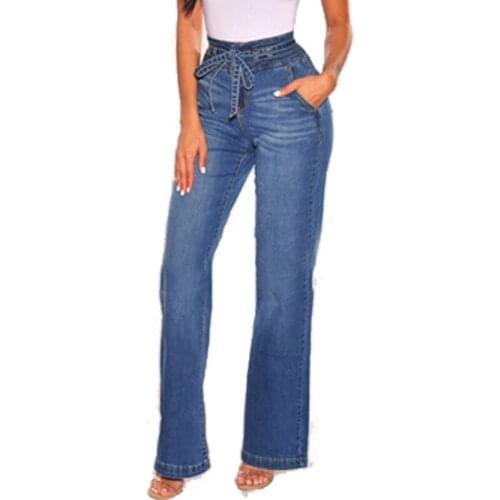 Hight Waisted Jeans for Women Casual Wide Leg Tight Hip Sashes Denim Pants Spring Women Fashion Washed Straight Denim Trousers