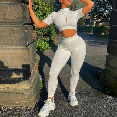 Tracksuit Two Piece Sets Women Crop Top O Neck Short Sleeve Joggers Women Set Solid Color Fashion Sportwear Streetwear 2021