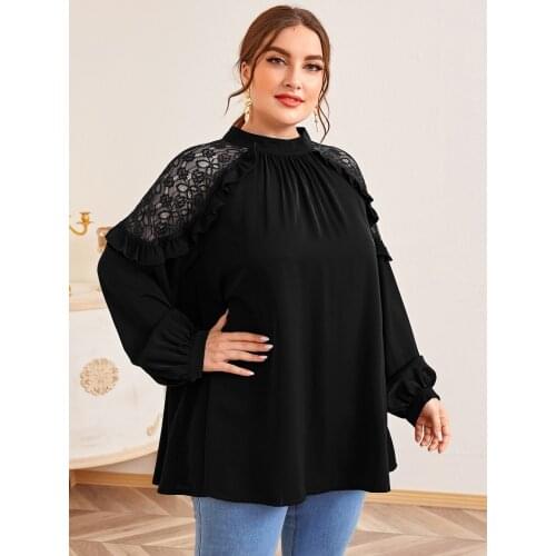 Lace Ruffles Long Sleeve Blouse Women Tops XL To 5XL Loose Plus Size Shirts Stand Collar Casual Outerwear TB014