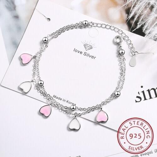 Sweet 925 Sterling Silver Pink Glaze Cherry Blossom Petals Gradient Heart Shaped Double Layer Chain Bracelets S-B262