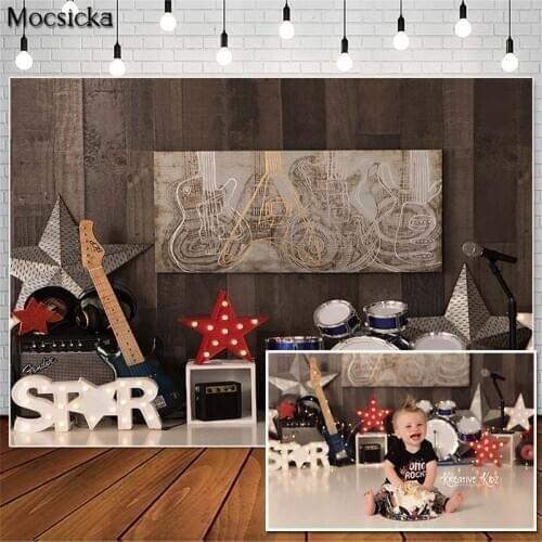 Mocsicka Band Theme Cake Smash Photography Backdrops Guitar Drum Decor Children 1st Birthday Photo Props Studio Booth Background