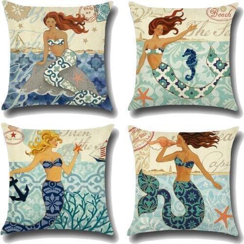 Hand-Painted European Classical Mermaid Prints Cushion Cover Linen Throw Pillow Car Home Decoration Decorative Pillowcase