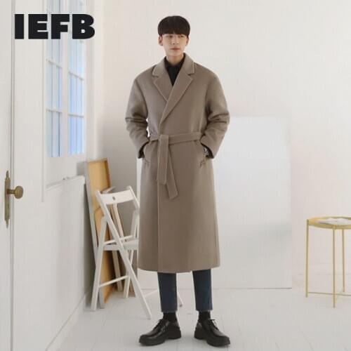 IEFB Korean fashion woolen coat mens medium long woolen trendy coat thickened handsome clothes with belt autumn winter 9Y4534
