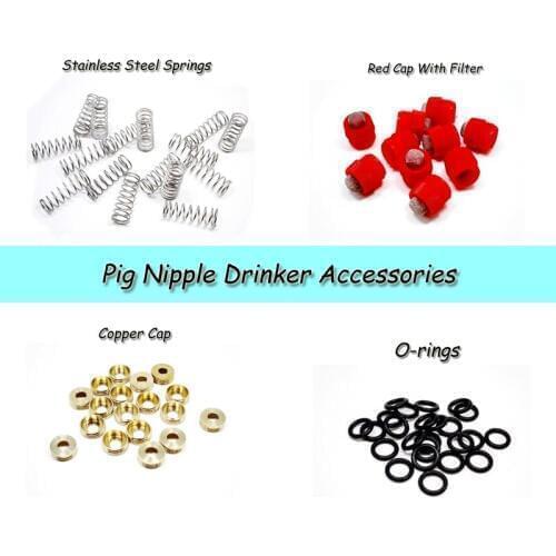 50 pcs pig nipple drinker accessories with red hat filter spring apron filter for poultry nipple dinking farming equipment