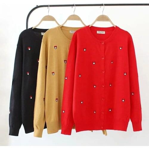 Oversize Knitted Cardigan Jacket Women Autumn Winter Long Sleeve O-Collar Embroidery Sweater Student Red Casual Tops 4XL KW1009