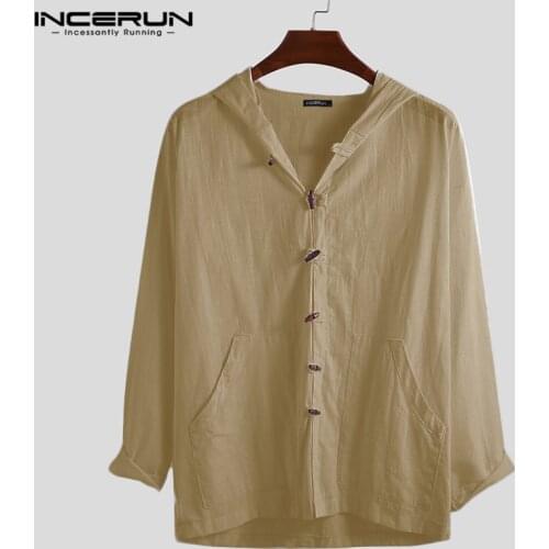 INCERUN Mens Vintage Cotton Hoodies Hooded Pockets Button Casual Outerwear Long Sleeve Men Sweatshirts 2021 Streetwear S-5XL
