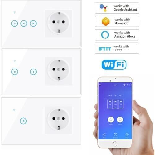 Smart Wifi Switch Wifi Touch Switch with EU Standard Socket Remote Control Work with Google home Amazon Alexa 1 2 3 Gang