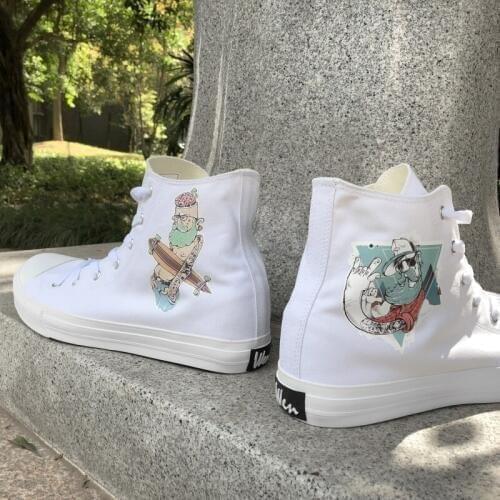 Wen Original Design Hipster Rock and Roll Character White Shoes Men Skateboarding Sneakers Boy High Top Women Shoes Canvas Sport