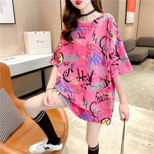 QRWR T Shirt Women 2021 Summer Casual O Neck Short Sleeve Kawaii Womens Top Loose Fashion Print Straight Long Oversized T Shirt