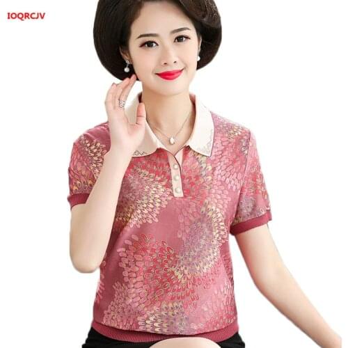 Womens Shirt Summer Short Sleeve Lapel Lce Silk TShirt Large Size Printing T-Shirt Casual Middle-Aged Mother Knitted Tops 1880