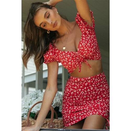 2021 New Women Two Piece Sets Summer Boho Floral Skirts Sets Ladies Short Sleeve V Neck Crop Tops Blouse and Mini Skirt Harajuku