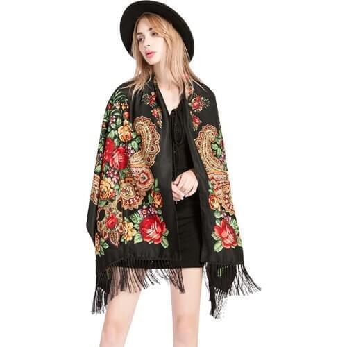 40# Women Luxury Tassel Scarves Lady Folk-custom Print Tie Square Scarf Wrap Shawl Travel Lndie Folk Vintage Beach Style Scarve