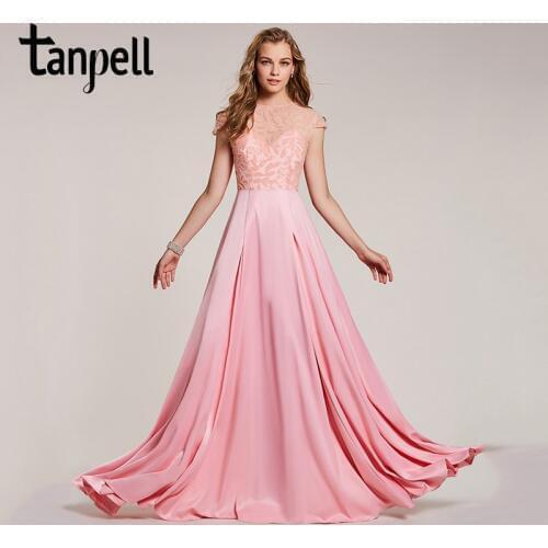 Tanpell beaded long prom dress pink scoop floor length a line gown women cap sleeves wedding party evening formal prom dresses