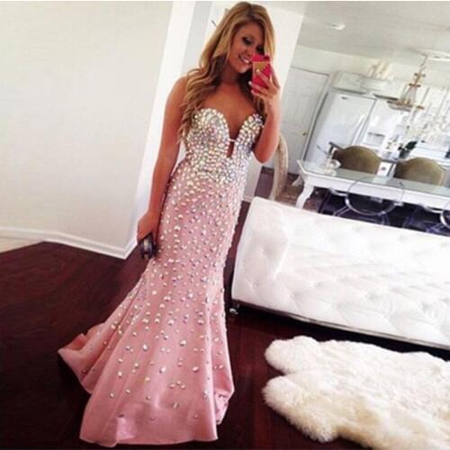 Women Long Evening Dress 2018 Sexy Sweetheart Crystal Pink Taffeta Mermaid Prom Gowns