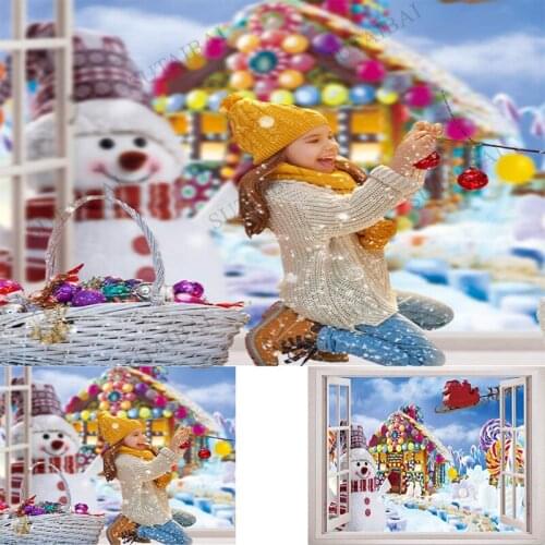 Winter Christmas Window Photography Backdrop Gingerbread House Merry Xmas Candy Snowman Landspace Background Decorations