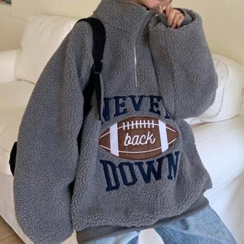 Winter Womens Hoodie Fashion Embroidered Letters Harajuku Korean Loose Zipper Sweatshirt Stand Collar Top