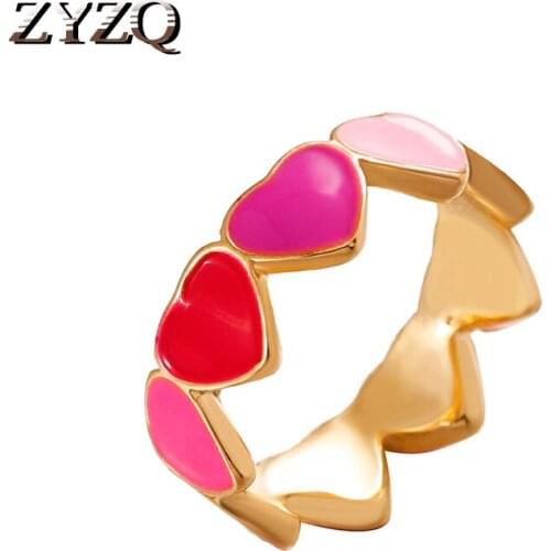 ZYZQ Aesthetic Colorful Love Heart Rings for Women Sweet Drip Oil Enamel Metal Gold Finger Rings Couple Engagement Jewelry