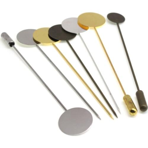 10pcs/lot Round Flat Blank 10 15mm Trays Pad Copper 70mm Long Safety Lapel Brooch Pin Base Settings For DIY Jewelry Making