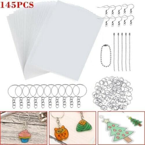145PCS Shrinky Art Paper Heat Shrink Sheet Plastic Kit Hole Punch Keychains DIY gift Drawing Art metal accessories Supply