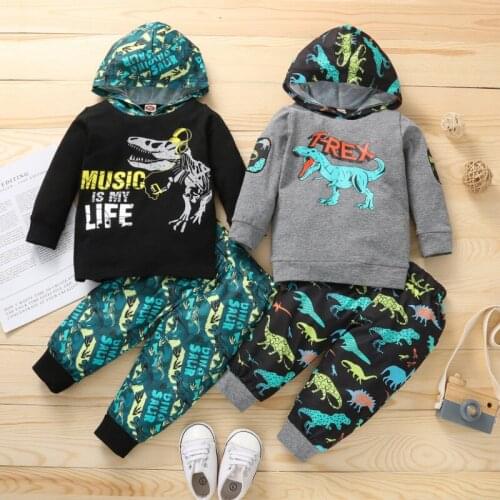 2 Pcs Infant Color Block Outfits, Baby Dinosaur Letter Print Long Sleeve Hooded Sweater + Trousers Spring Autumn