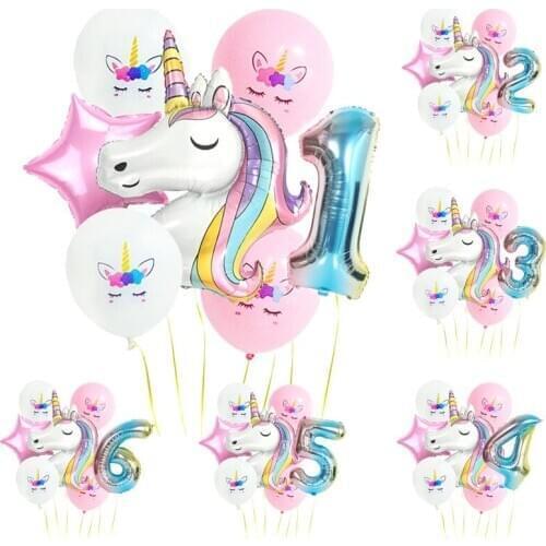 7pcs/lot Unicorn Foil Number Balloon Digital Happy Birthday Party Decoration Baby Shower Latex Helium Balloons Decor Kids Girl