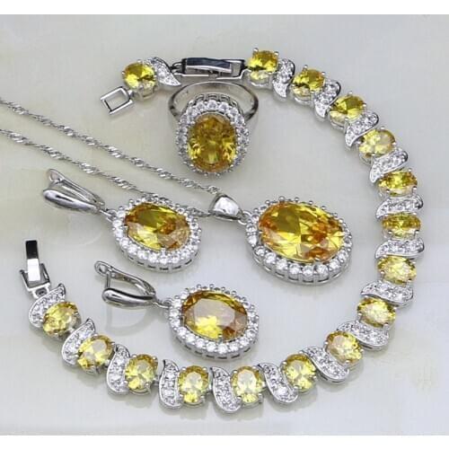 925 Silver Jewelry Yellow Orange Zircon White CZ Bridal Jewelry Sets For Women Party Earring/Pendant/Necklace/Bracelet/Ring
