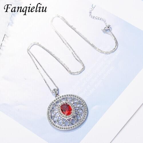 Fanqieliu Hollow Out Red Crystal Pendants Long Sweater Chain 925 Sterling Silver Necklace For Women Pendant Necklaces FQL20490