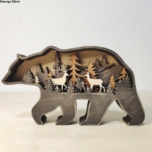 Home Decor Sculpture Display Mold Wooden Forest Bears Craft Figurine Desktop Ornament Carving Deer Model Creative Xmas Gifts