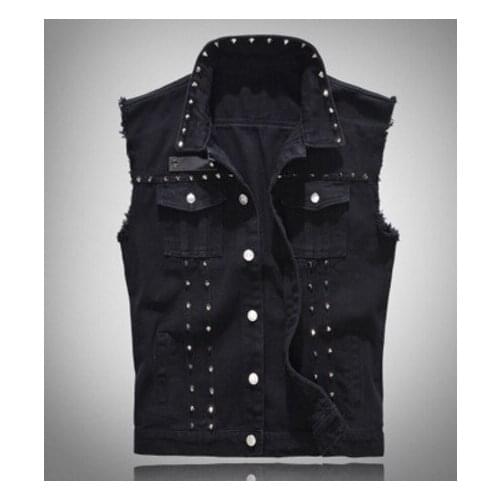 Rivet Vest Denim Men Coats Vintage Retro Fashion Solid Color Sleeveless Slim Summer Autumn Cowboy Male Black Casual Cotton