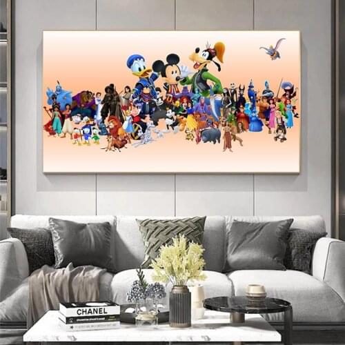 Art Canvas Painting Poster and Print Disney Cartoon Movie Mickey Mouse Donald Duck and Princess Wall Art Picture for Living Room