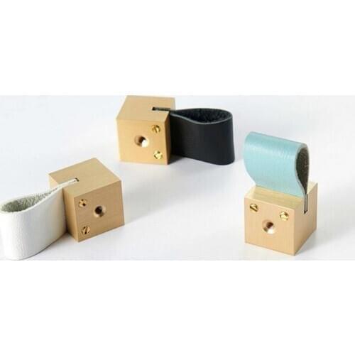 INS Square Design Furniture Handles Solid Brass Genuine Leather Drawer Cupboard Wardrobe Door Knob DIY Handmade Golden Pulls