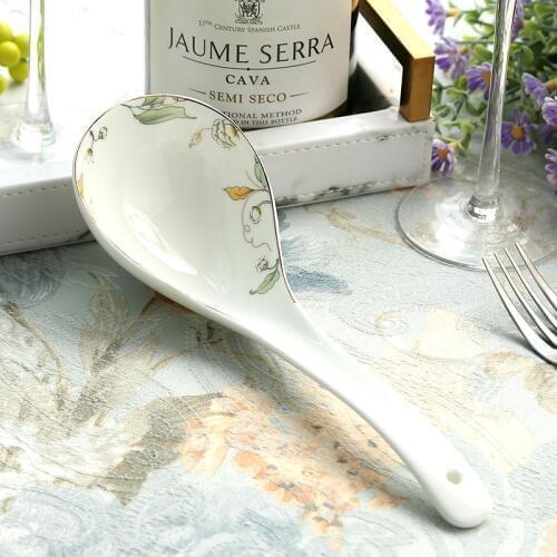 Green leaf painting, natural bone china cooking soup ladle, chinese ceramic soup spoon, for kitchens, serving tools, for buffet