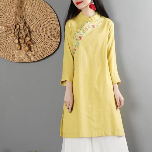 Chinese Cheongsam Tops For Women Retro Vintage Long Shirt Tea Loose Yellow Chinese Dress 2019 Spring Ladies Chinese Tops TA1359