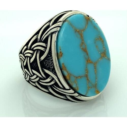 Sterling Silver Ring , Natural Stone , Turquoise Stone Ring , Oval Gemstone , Handcrafted Ottoman Men Ring